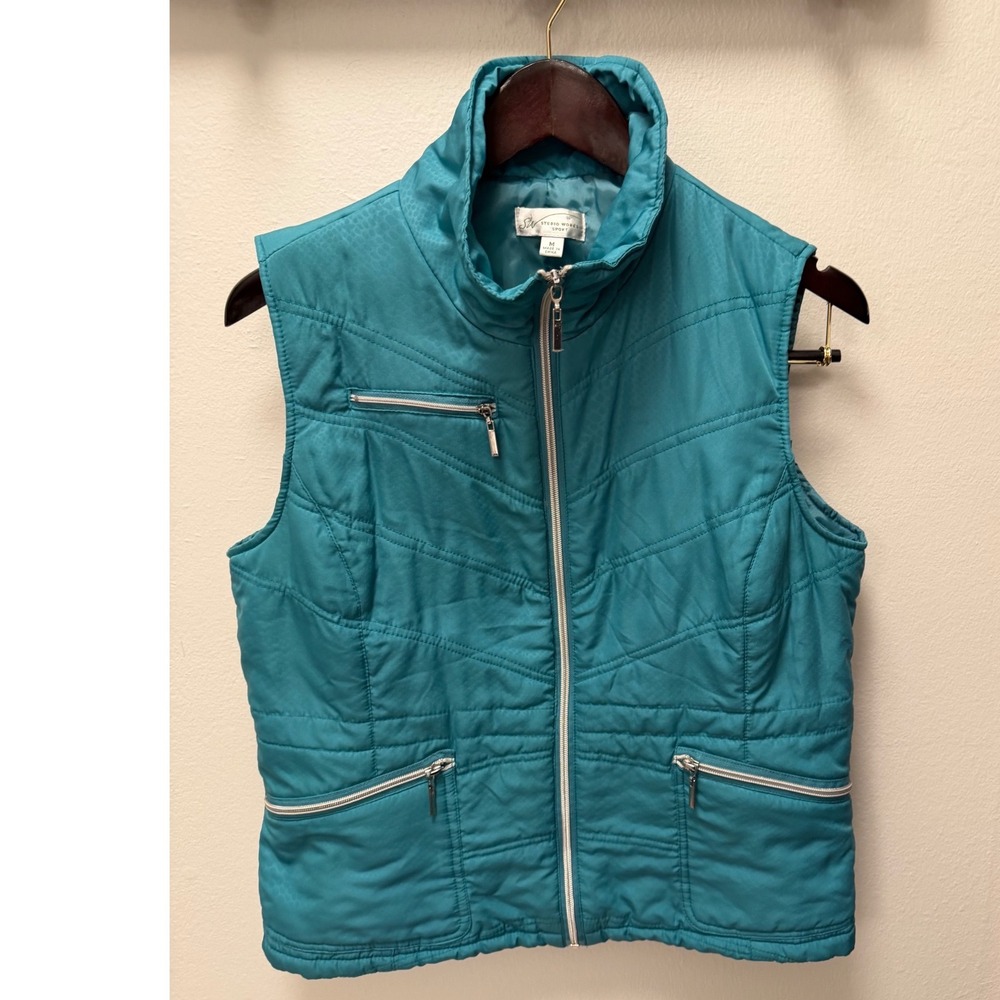Studio Works Sport‎ Women Teal Quilted Puffer Vest Full Zip Pockets Size M